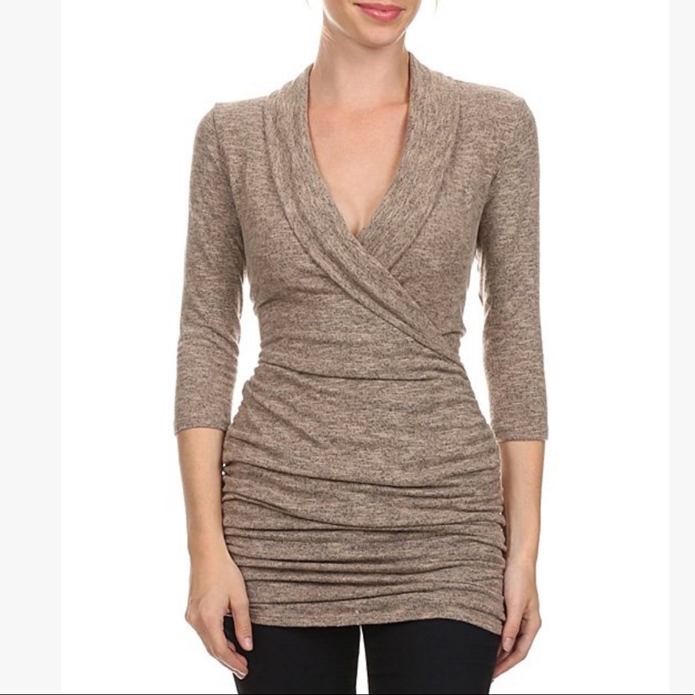 Taupe ruched surplice top